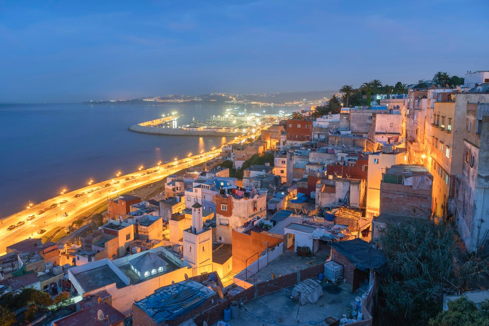 The Tangier medina and bay at dusk, Morocco